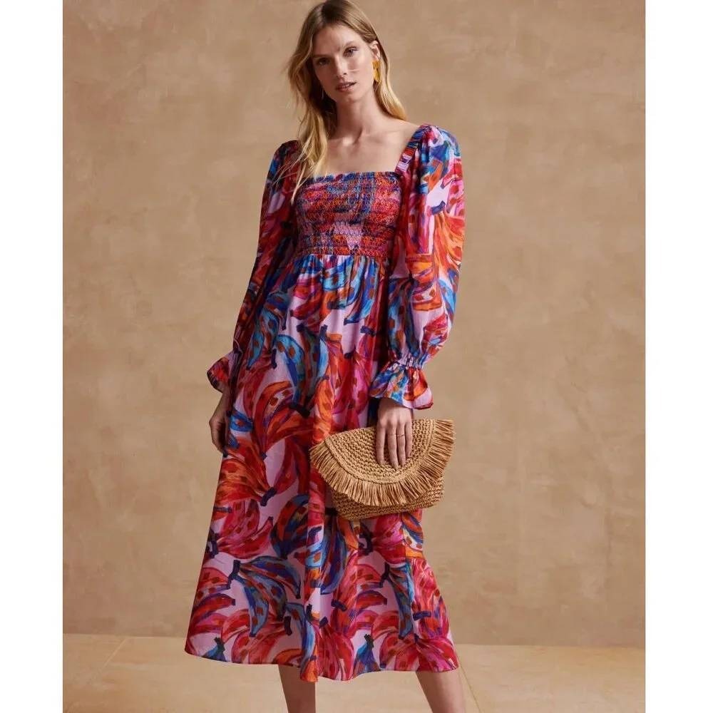 FARM Rio Banana Smocked Tropical Print Midi Dress Boho Vacation Resort XS
